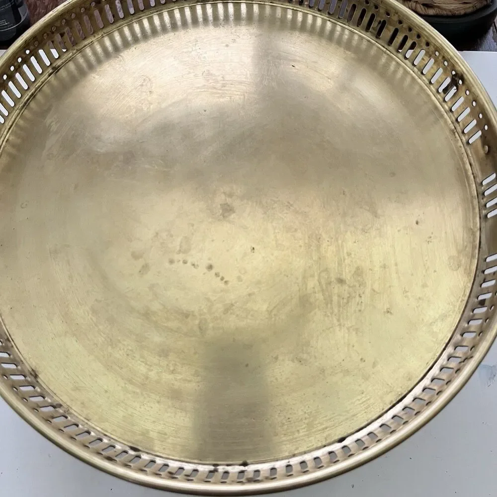 Vintage Brass Gallery Tray Round Ornate Dual Handles Made in India 11 Inch